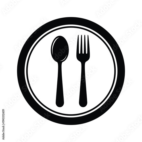 Restaurant Icon: Black Spoon and Fork Symbol in Circle