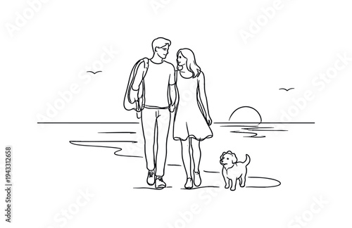 Couple strolling side by side near the water’s edge as the sun rises low on the horizon, light jacket draped over one arm and