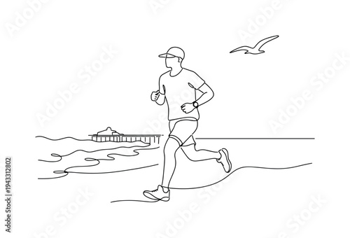 Solitary jogger running along damp sand with ocean waves behind, wristwatch visible, distant pier structure extending into the