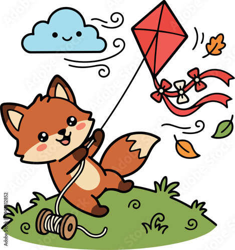 Cute cartoon fox flying red kite on green grass with windy cloud and autumn leaves vector art illustration
