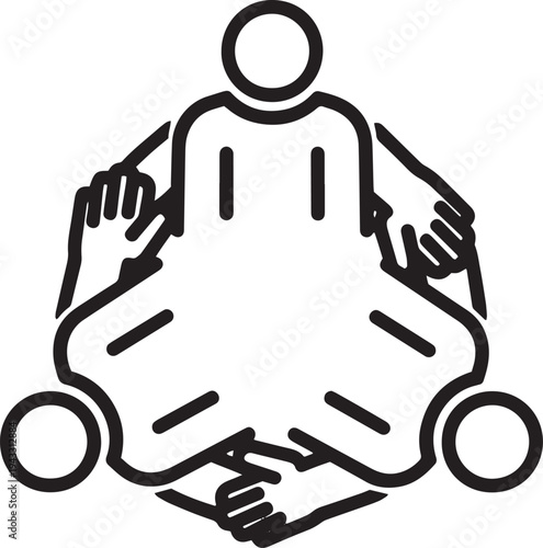 Three people shaking hands around central figure collaboration teamwork unity connection support cooperation synergy concept group