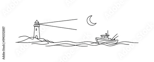 Coastal scene with lighthouse beam sweeping across the night sky, small fishing boat drifting offshore and crescent moon hanging
