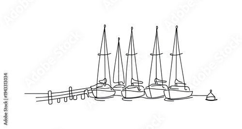 Harbor scene with several sailboats docked side by side, masts rising vertically, wooden pier extending into the water and small