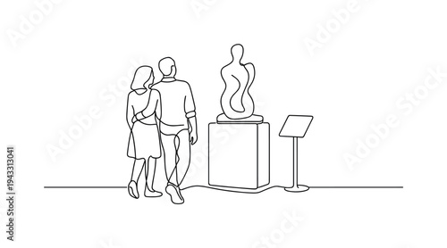 Couple walking slowly through an exhibition hall examining a freestanding sculpture on a pedestal, informational stand beside it