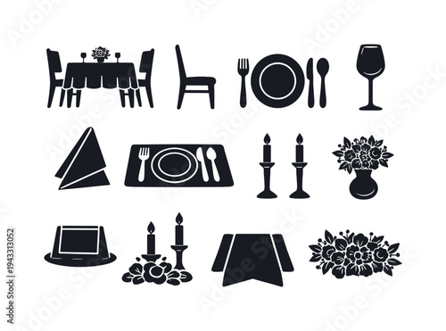 Solid vector icons of table setting celebration: table, chair, plate, cutlery, glass, napkin, placemat, tablecard, candleholder,