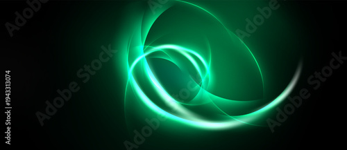 Abstract swirls, vibrant green hues, dark background. Smooth gradients create luminous energy, flowing shapes suggest movement.