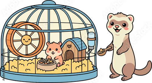 Cute smiling ferret feeding hamster inside blue cage with wood wheel house and bedding in colorful vector art style