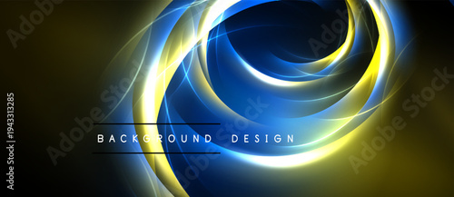 Abstract design features swirling blue, yellow light. Dynamic energy radiates from center, creating futuristic visual impact. Background is dark.