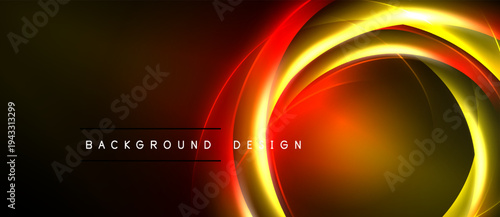 Abstract design features glowing circles, vibrant colors. Dark background enhances luminosity, creating dynamic visual effect. Modern, sleek presentation.