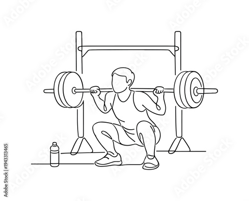 Person performing a barbell squat inside a gym, weight plates mounted on both ends, squat rack frame behind and water bottle