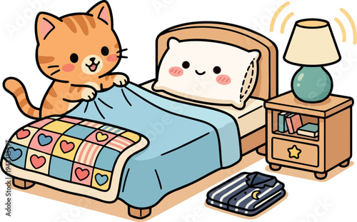 Cute orange cat making bed with blue blanket and heart patterned quilt next to nightstand with lamp and folded pajamas in cozy bedroom scene