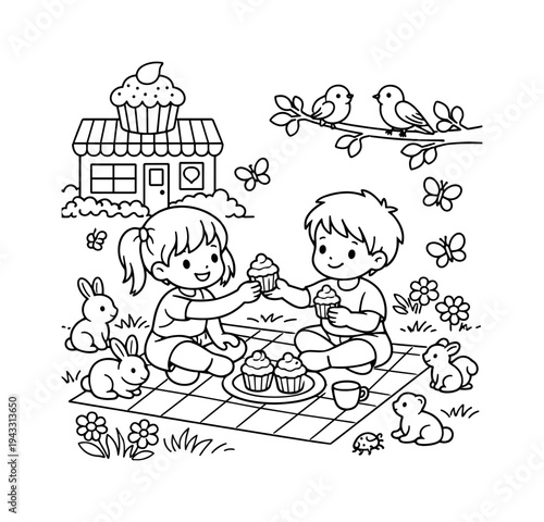 Cupcake Picnic Adventure. Cupcake bakery with children sharing cupcakes at a picnic blanket, tiny animals like rabbits nearby,