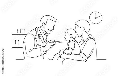 Caring Doctor Visit. Close view of doctor holding a thermometer while speaking gently to a child seated on a parent’s lap, simple
