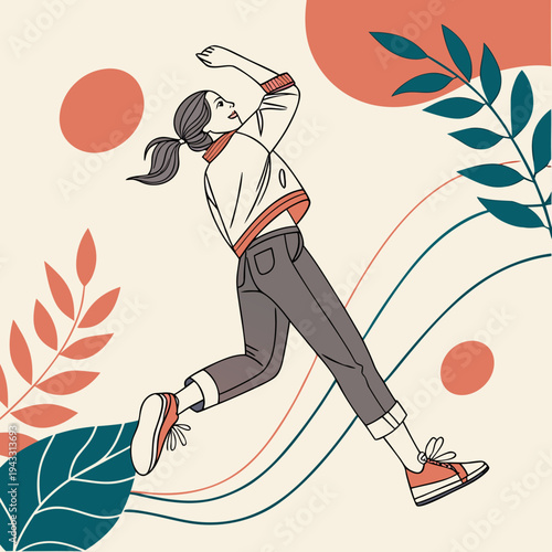 Young woman running with energy in athletic clothes, surrounded by foliage and abstract circles, outdoor motion