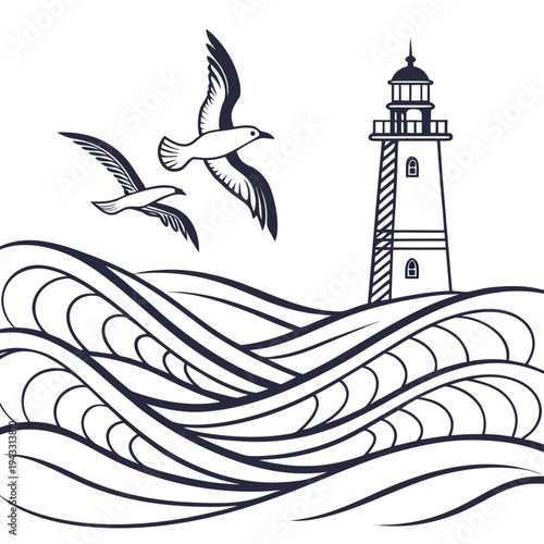 Coastal scene illustration with lighthouse tower standing among rolling ocean waves and two seagulls soaring in the sky for marine decoration theme
