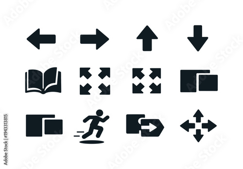 Solid vector icons of navigation interactions: backaction, forwardaction, scrollup, scrolldown, pageturn, expandview,