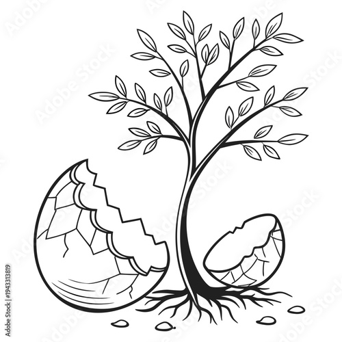 Egg shell and tree with roots vector outline illustration, broken bird or dinosaur egg, concept of life rebirth and nature