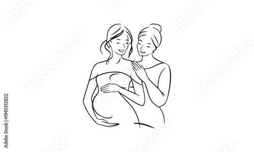 Minimalist line art illustration of a doula or midwife supporting a pregnant woman