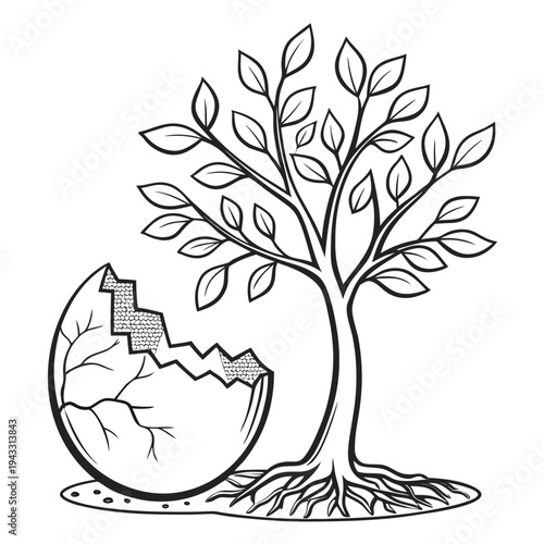 Tree with roots growing from broken egg shell vector line art illustration, concept of life genesis and environmental rebirth