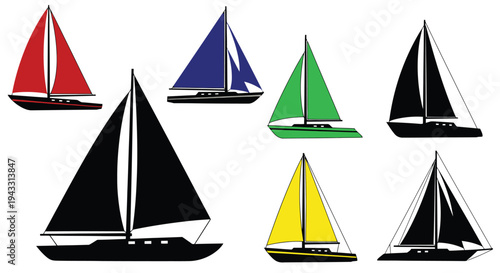 Colorful sailboat silhouettes arranged on a plain white background
