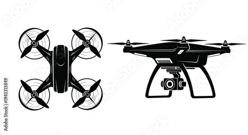 Two black and white silhouettes of modern drones with visible propellers