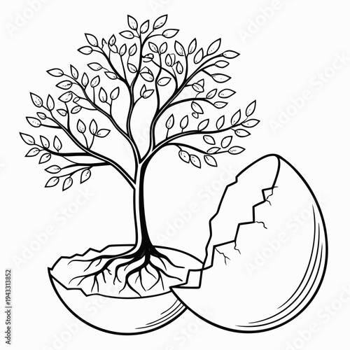 Tree growing from cracked eggshell symbolizing new life growth and birth of nature and possibility concept