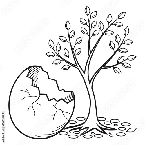 Tree emerges from broken eggshell symbol of life beginning and natural rebirth with roots spreading on ground