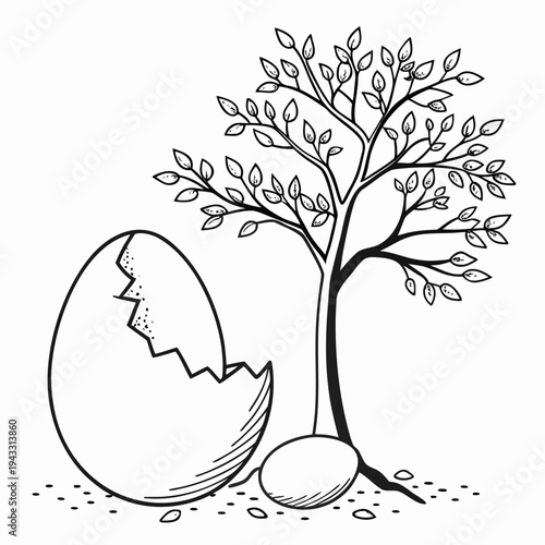 Young tree growing from cracked egg with another egg nearby representing genesis and new beginnings concept