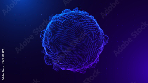 Voice-Activated AI Globe Shimmering With Sound Waves In 3D Particle Visualization. Futuristic Cyber Music Recognition Interface Featuring Holographic Purple And Blue Digital Orb.