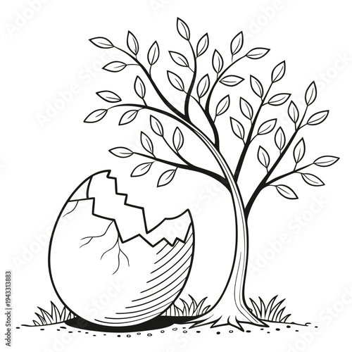 Black and white line art illustration of a cracked egg shell lying on grass next to a young deciduous tree with many leaves and branches on ground