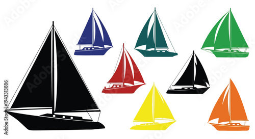 Colorful sailboat silhouettes arranged in a dynamic playful composition