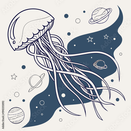Fantasy space jellyfish floating in the galaxy with planets stars and a cosmic wave background in a blue and white decorative linework art style