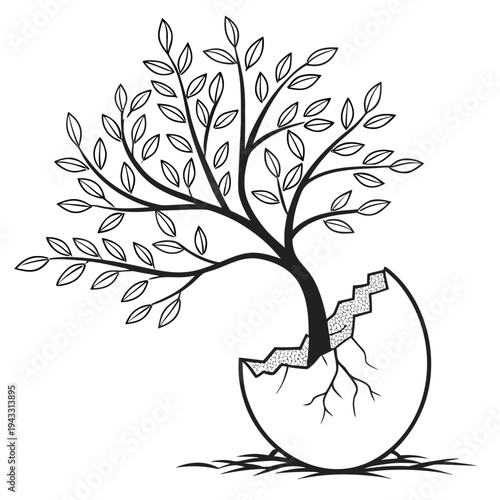 Conceptual vector graphic depicting a tree growing directly out of a cracked egg shell symbolizing birth and life starting from a fragile vessel
