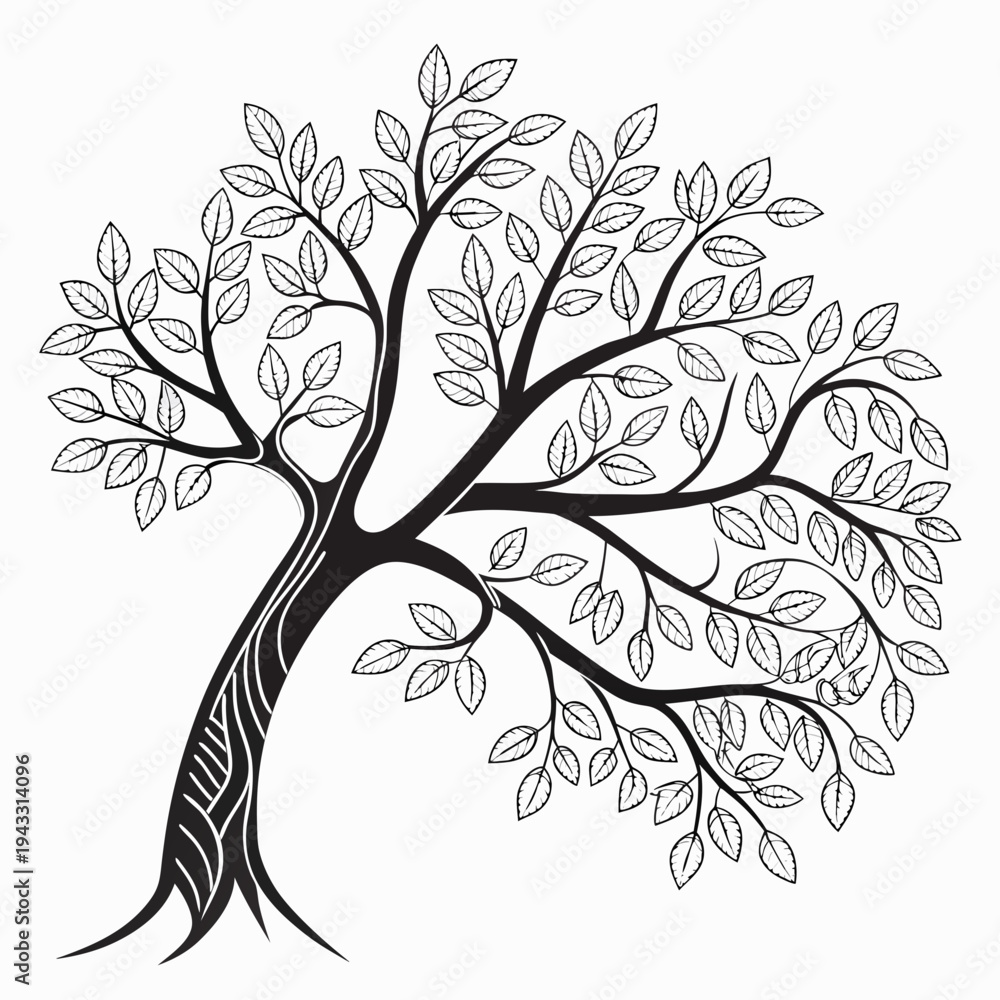 Fototapeta premium Elegant tree silhouette, full of detailed leaves, graceful branches arching outwards, representing vitality and flourishing nature, isolated on white