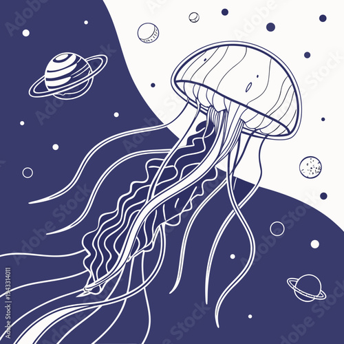 Abstract illustration of jellyfish in cosmic environment, with planets and stars against split dark blue and white background