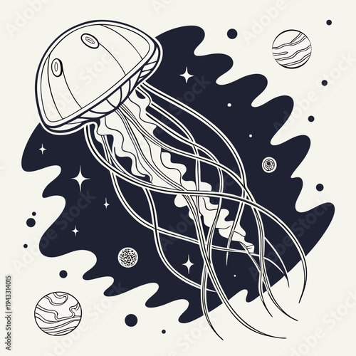 Whimsical illustration of jellyfish navigating through a stylized cosmic ocean, featuring planets, stars, and abstract dark shapes