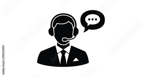 Black silhouette of a customer service representative with a headset and speech bubble