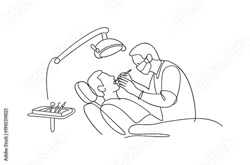 Dentist examining a patient seated in a dental chair, overhead examination light angled toward the mouth, tray with dental tools
