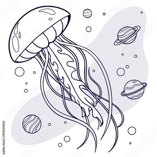 Jellyfish floating in abstract space with planets and abstract shapes, cosmic marine life illustration, ethereal fantasy background, science and art blend