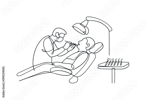 Dentist examining a patient seated in a dental chair, overhead examination light angled toward the mouth, tray with dental tools