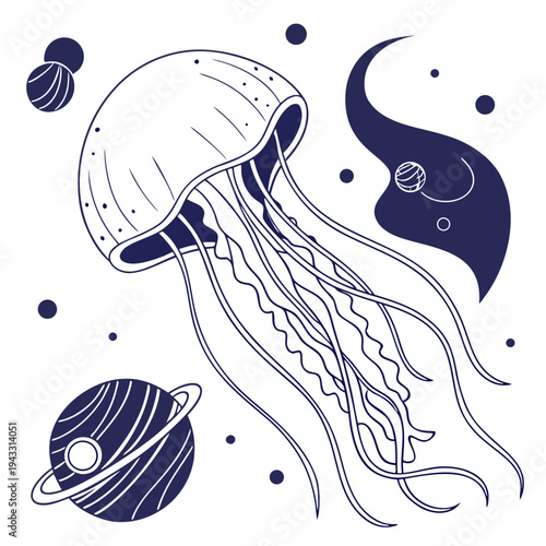 Silhouette style space jellyfish illustration with large ringed planet and cosmic dust clouds in dark blue vector format for modern graphic design