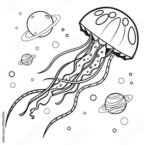Vector line art of space jellyfish drifting past ringed planets and distant stars in minimalist black and white style for creative astronomy projects
