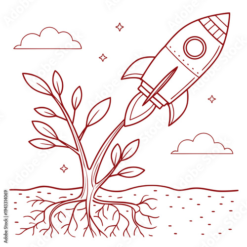 Startup business growth concept, plant with strong roots and foliage launching rocket to sky, new project development idea