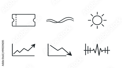 Line vector icons of dynamic ticket pricing visible to the naked eye (transparent fare dynamics): ticket rectangle, subtle wave