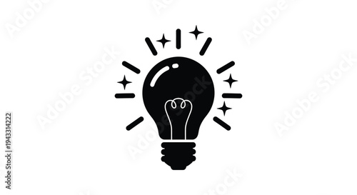 A black silhouette of a lightbulb surrounded by sparkling starbursts