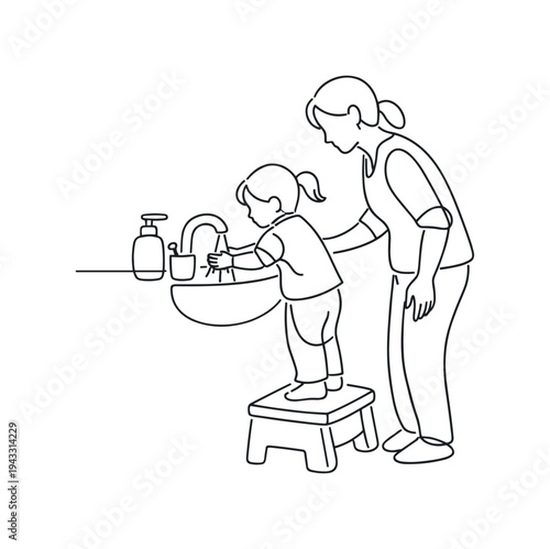 Child standing on a small step stool reaching up to wash hands at a sink, parent nearby supervising, liquid soap bottle and