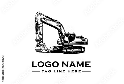 Black and white illustration of an excavator with a logo and tagline on a clean white background.