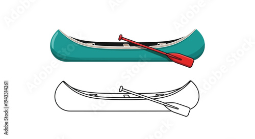 A vibrant green canoe with a red paddle and its line art counterpart