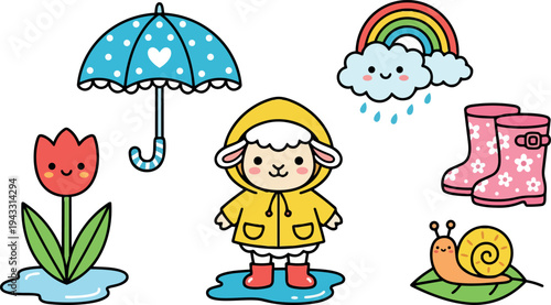 Cute cartoon lamb wearing yellow raincoat and red boots standing on puddle with smiling blue umbrella tulip rainbow cloud pink floral rain boots and snail on leaf