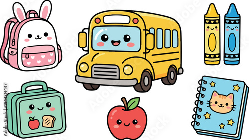 Cute kawaii style smiling yellow school bus pink bunny backpack blue cat notebook green lunchbox with apple sandwich and happy crayons illustration